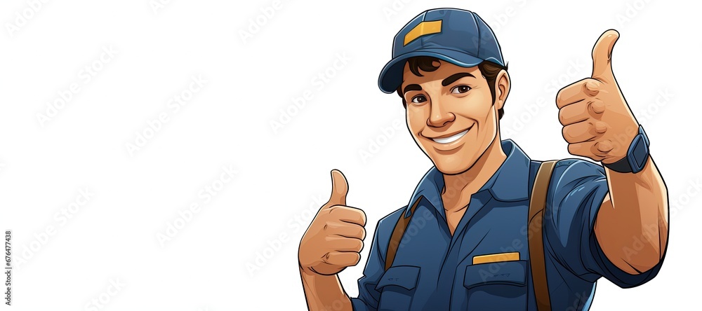 A smiling young handsome courier in a blue uniform, standing with his thumbs raised against an isolated white background.