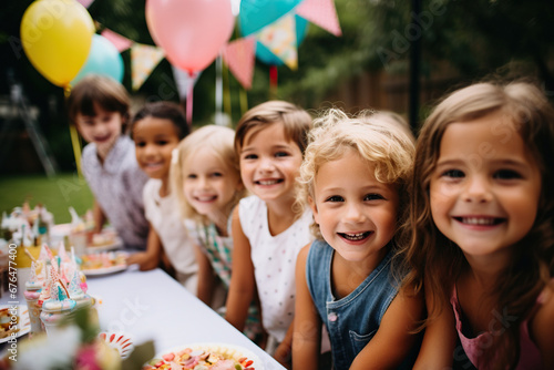 Close up photo of a group of small and big kids at a backyard birthday party