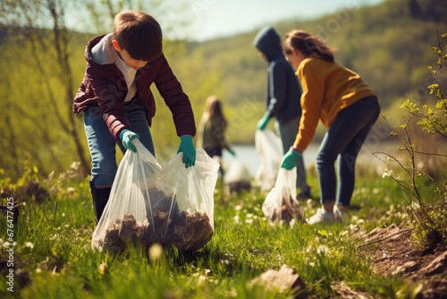 Close up photo of Children picking up trash at the park for Earth Day