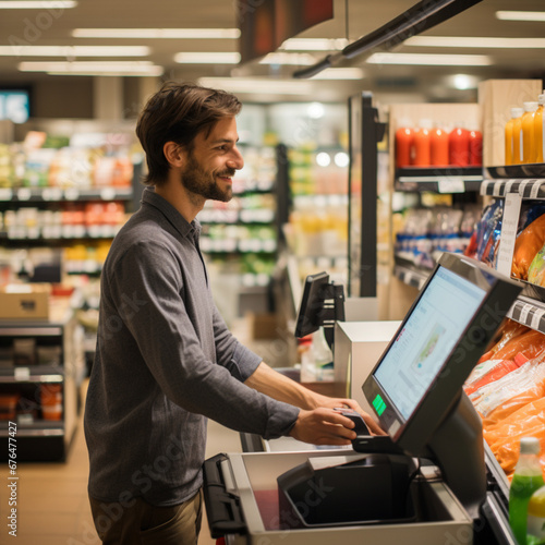Man paying at a self-checkout in a supermarket. photo