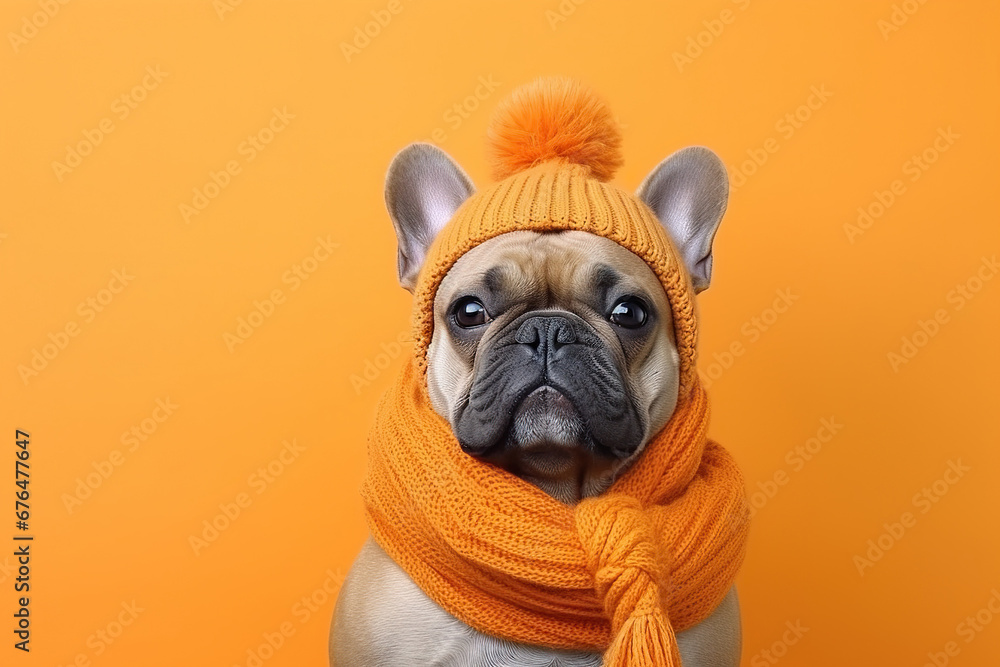 Cute Doodle Dog Dressed in a Autumn /Fall Scarf and Hat on an Orange Background with Space for Copy