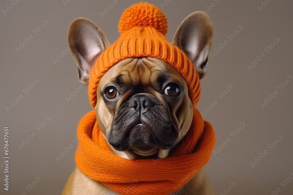 Cute Doodle Dog Dressed in a Autumn /Fall Scarf and Hat on an studio Background with Space for Copy