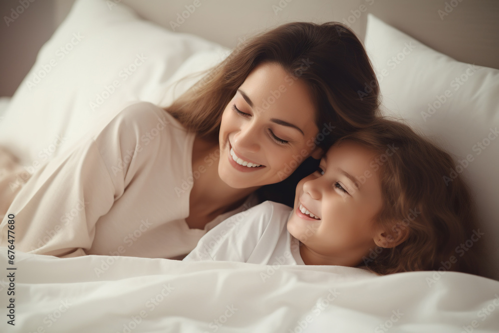 Cute little preschooler daughter and happy millennial mom waking up in cozy home bed together, Cute little preschooler daughter and happy millennial mom waking up in cozy home bed together,