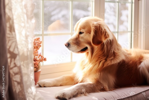 Golden retriever looking at window with frosty day outdoors on winter day, horizontal banner, copy space for text