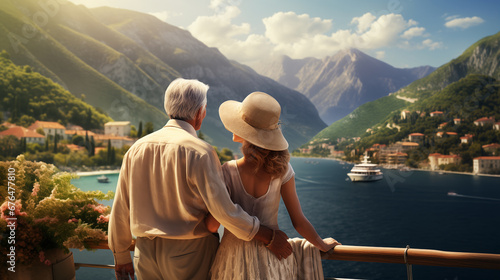 Candid photo of the elderly couple tourists, embracing on the open deck of a luxury cruise ship. Concept of active age