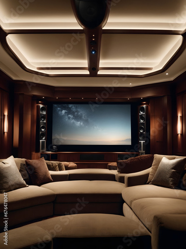 A high-tech home theater room with state-of-the-art audiovisual equipment, plush seating, and ambient LED lighting.