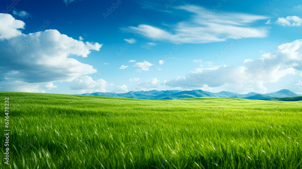 A serene summer scene with a lush meadow under a clear blue sky