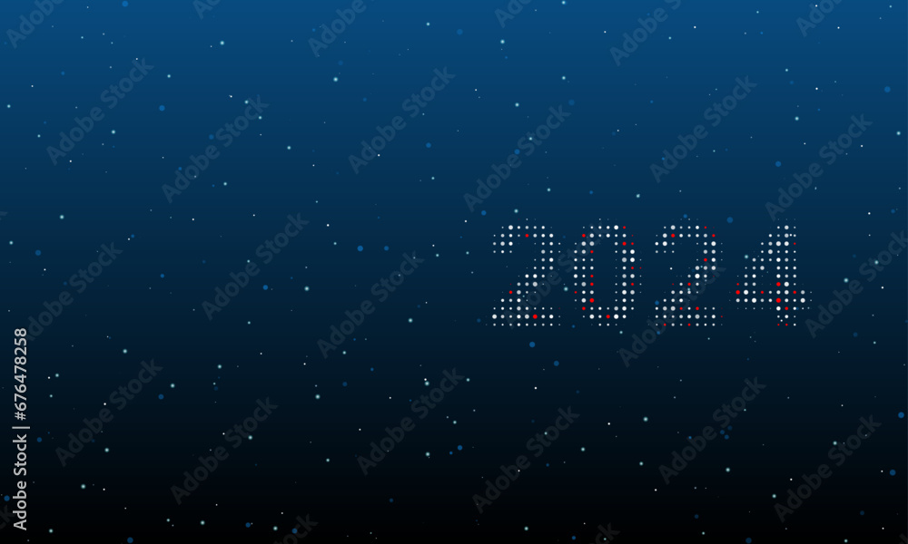 On the right is the 2024 year symbol filled with white dots. Background pattern from dots and circles of different shades. Vector illustration on blue background with stars
