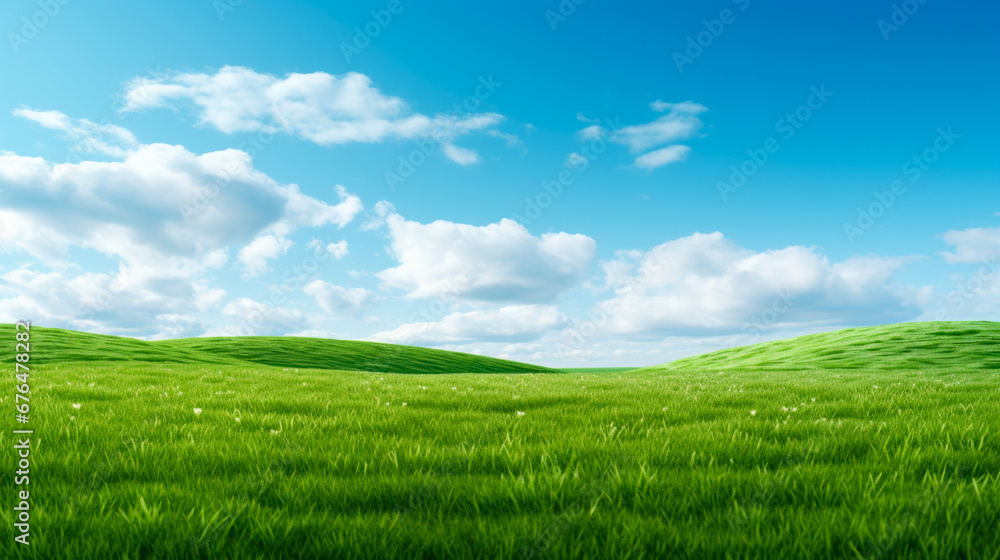 An idyllic countryside view featuring a green grassy field and a bright blue summer sky