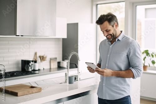 Happy businessman discussing financial report over smart phone while standing at kitchen counter