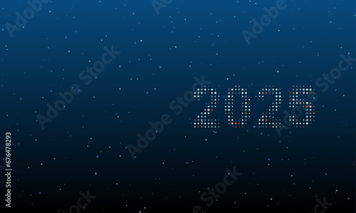 On the right is the 2025 year symbol filled with white dots. Background pattern from dots and circles of different shades. Vector illustration on blue background with stars