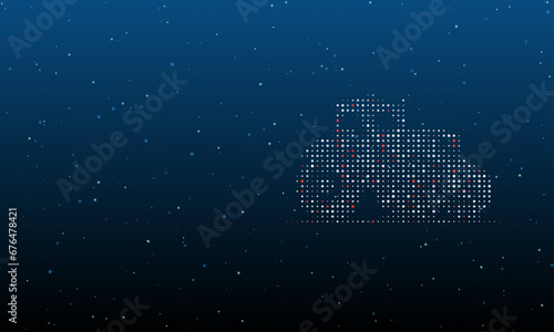 On the right is the tractor symbol filled with white dots. Background pattern from dots and circles of different shades. Vector illustration on blue background with stars