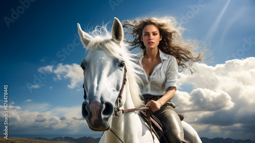A lovely young woman is horseback riding in the rural landscape © Vladyslav