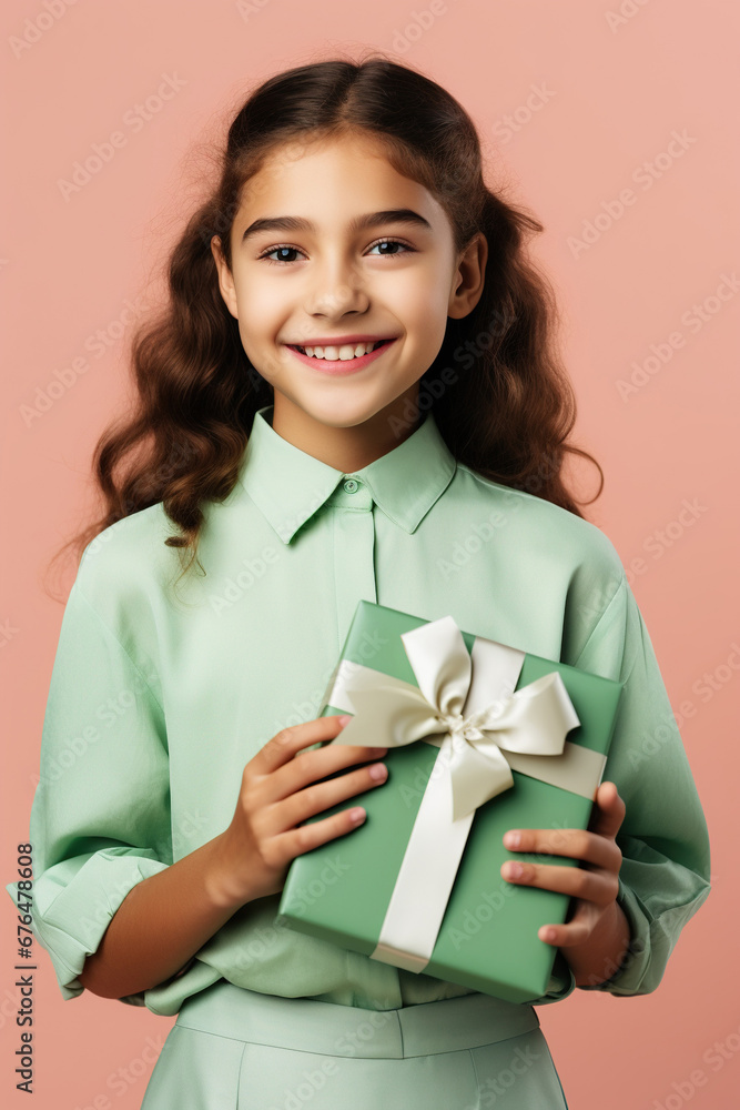 Pretty cute positive girl receive gift celebrate birthday party isolated on color background Pretty cute positive girl receive gift celebrate birthday party isolated on color background