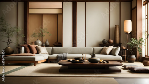 A Japanese-inspired Zen living room with low seating  shoji screens  and minimalist decor for a serene and tranquil atmosphere.