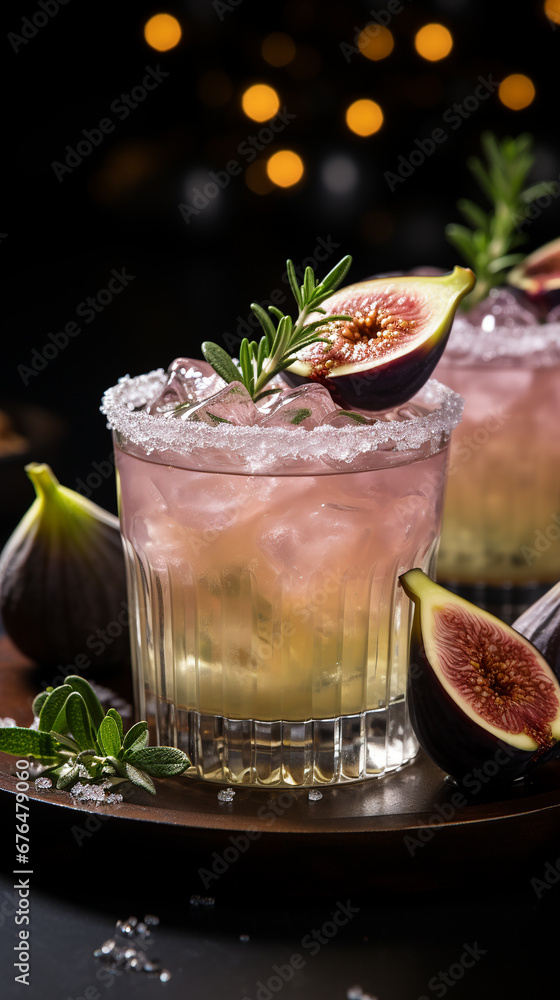 Ice cocktail with figs in transparent glasses with branch of rosemary. Dark blurred background. There are pieces of ice and halves of figs on the table. Selective focus. Vertical. Generative Al. Ice cocktail with figs in transparent glasses with branch of rosemary. Dark blurred background. There are pieces of ice and halves of figs on the table. Selective focus. Vertical. Generative Al.
