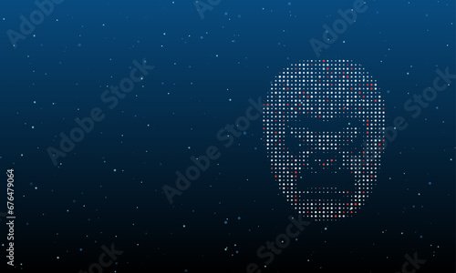 On the right is the gorilla head symbol filled with white dots. Background pattern from dots and circles of different shades. Vector illustration on blue background with stars