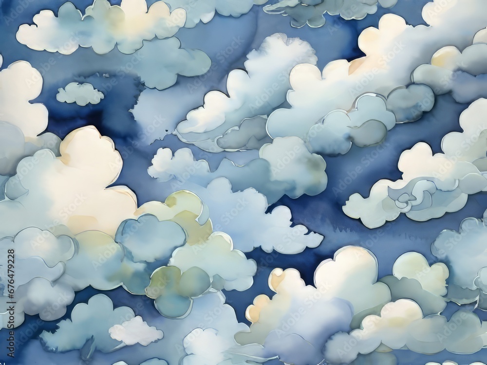 Deja volar tu imaginación con un fondo azul acuarela, con una mezcla de pinceladas suaves y audaces, y un toque de nubes caprichosas - obrazy, fototapety, plakaty 