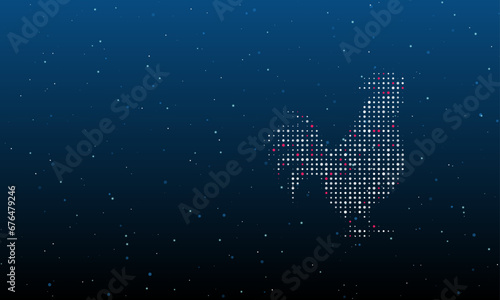 On the right is the rooster symbol filled with white dots. Background pattern from dots and circles of different shades. Vector illustration on blue background with stars