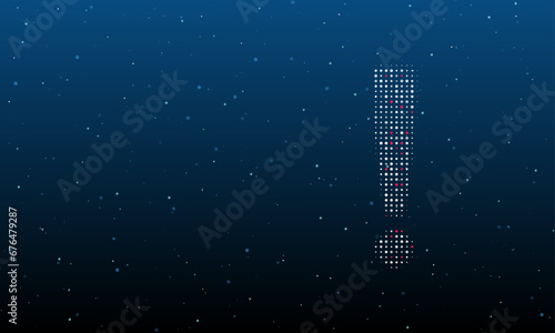 On the right is the exclamation symbol filled with white dots. Background pattern from dots and circles of different shades. Vector illustration on blue background with stars