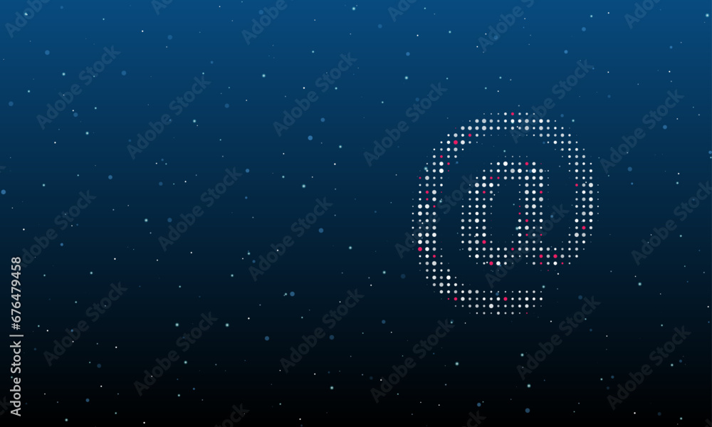 On the right is the at symbol filled with white dots. Background pattern from dots and circles of different shades. Vector illustration on blue background with stars On the right is the at symbol filled with white dots. Background pattern from dots and circles of different shades. Vector illustration on blue background with stars
