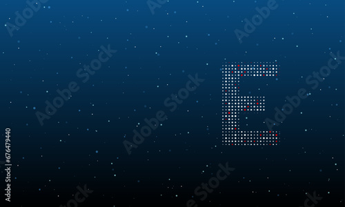 On the right is the capital letter E symbol filled with white dots. Background pattern from dots and circles of different shades. Vector illustration on blue background with stars