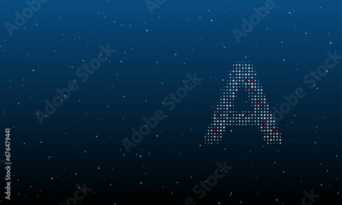 On the right is the capital letter A symbol filled with white dots. Background pattern from dots and circles of different shades. Vector illustration on blue background with stars