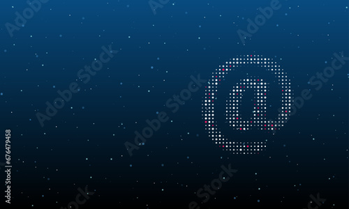On the right is the at symbol filled with white dots. Background pattern from dots and circles of different shades. Vector illustration on blue background with stars
