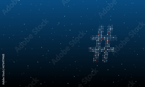 On the right is the hash symbol filled with white dots. Background pattern from dots and circles of different shades. Vector illustration on blue background with stars