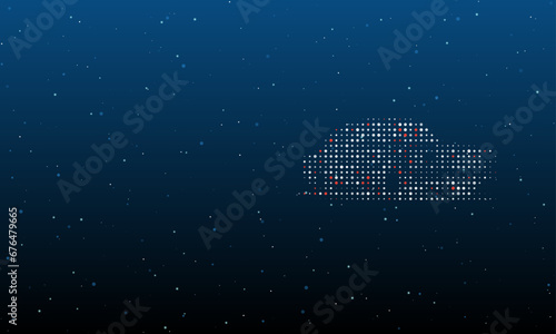 On the right is the vintage car symbol filled with white dots. Background pattern from dots and circles of different shades. Vector illustration on blue background with stars
