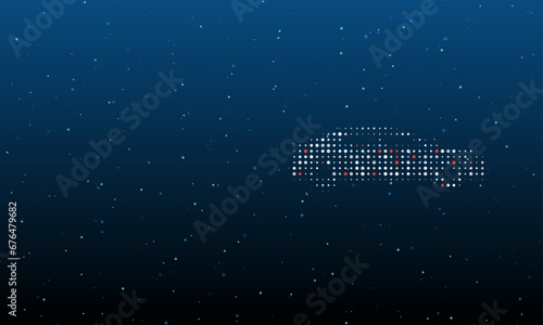On the right is the car symbol filled with white dots. Background pattern from dots and circles of different shades. Vector illustration on blue background with stars