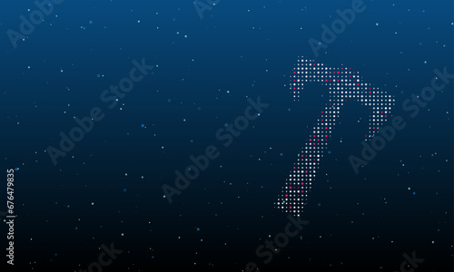On the right is the axe symbol filled with white dots. Background pattern from dots and circles of different shades. Vector illustration on blue background with stars
