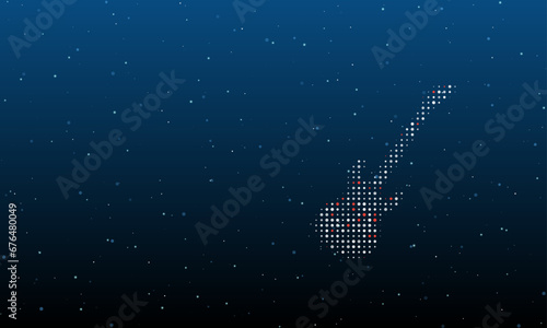 On the right is the guitar symbol filled with white dots. Background pattern from dots and circles of different shades. Vector illustration on blue background with stars