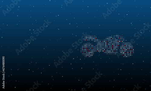 On the right is the bike symbol filled with white dots. Background pattern from dots and circles of different shades. Vector illustration on blue background with stars