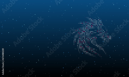 On the right is the dragon's head symbol filled with white dots. Background pattern from dots and circles of different shades. Vector illustration on blue background with stars