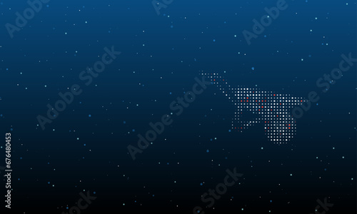 On the right is the garden wheelbarrow symbol filled with white dots. Background pattern from dots and circles of different shades. Vector illustration on blue background with stars