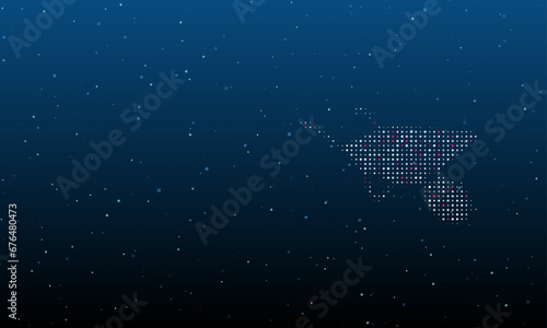 On the right is the garden cart symbol filled with white dots. Background pattern from dots and circles of different shades. Vector illustration on blue background with stars