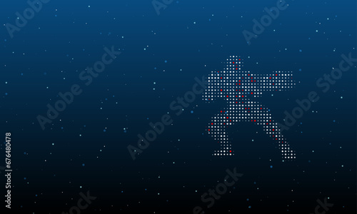 On the right is the combat robot symbol filled with white dots. Background pattern from dots and circles of different shades. Vector illustration on blue background with stars