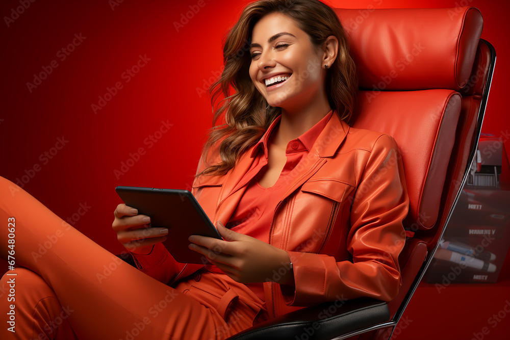 cheerful young brunette in a red suit with a phone laughs while sitting in a chair. copy space cheerful young brunette in a red suit with a phone laughs while sitting in a chair. copy space
