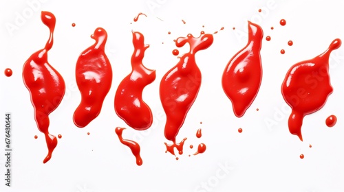 A top view of isolated, abstract smears of red tomato sauce, resembling texture or background, on a white surface.