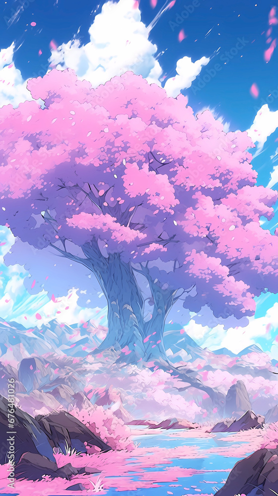 Hand drawn anime beautiful fantasy landscape illustration background	
