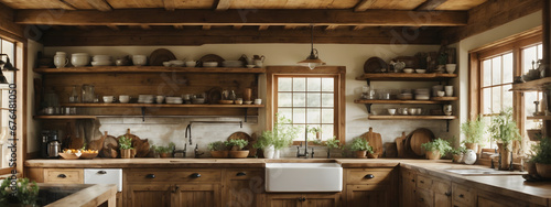 A rustic farmhouse kitchen with exposed beams, farmhouse sink, and open shelving for a cozy, country feel.