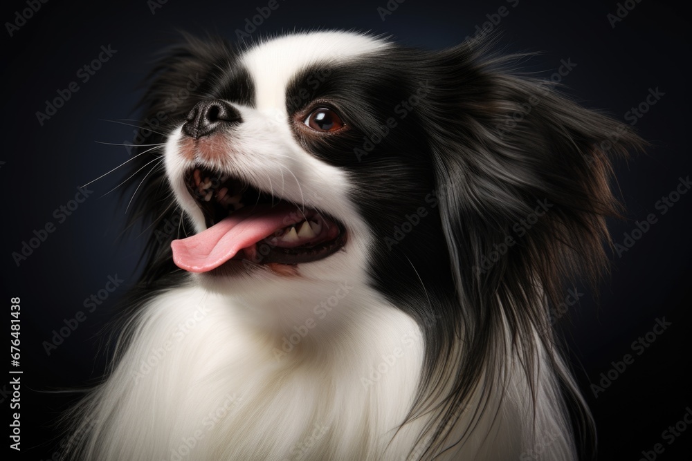 A close up of a dog with its tongue out. Happy Japanese Chin dog.