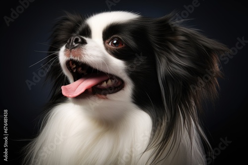 A close up of a dog with its tongue out. Happy Japanese Chin dog.