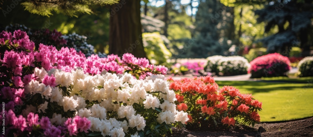 In the background of a picturesque garden vibrant flowers of pink white and colorful hues bloom in the summer their beauty accentuated by the lush green trees and plants The enchanting displ