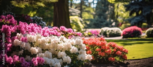 In the background of a picturesque garden vibrant flowers of pink white and colorful hues bloom in the summer their beauty accentuated by the lush green trees and plants The enchanting displ