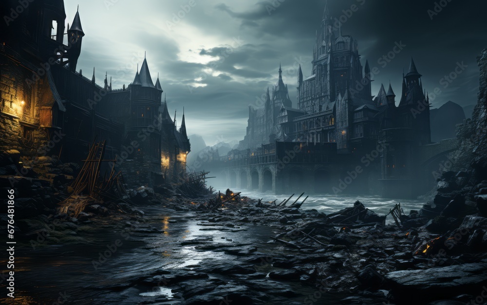 Naklejka premium dark fantasy castle landscape