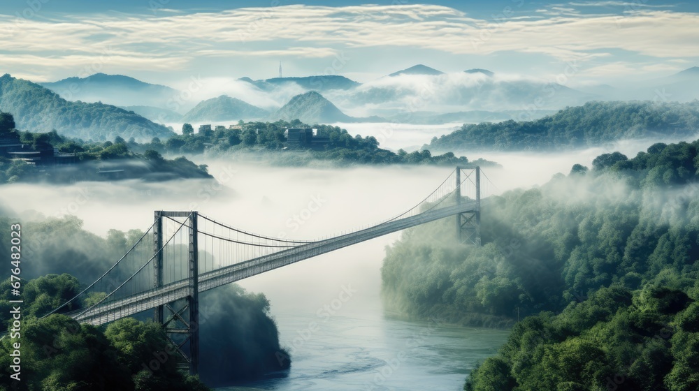 Fototapeta premium a picture of a bridge in the middle of a foggy valley with trees and hills in the back ground. generative ai