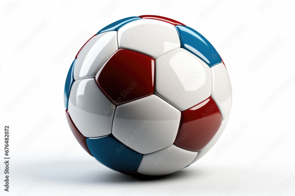 A red, white and blue soccer ball on a white surface.