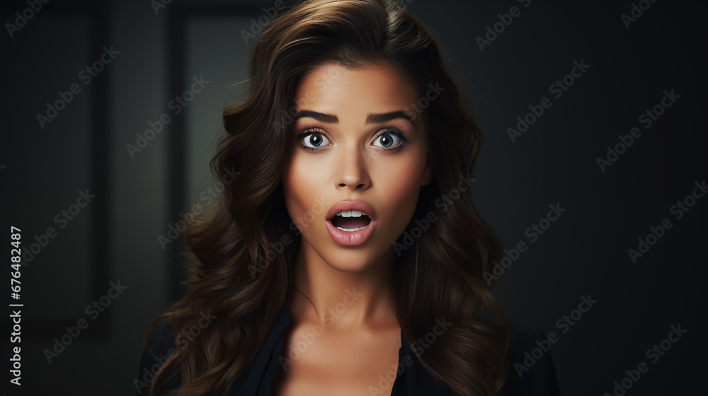 Fototapeta premium Portrait of a female office worker in a business suit opened her mouth wide in surprise